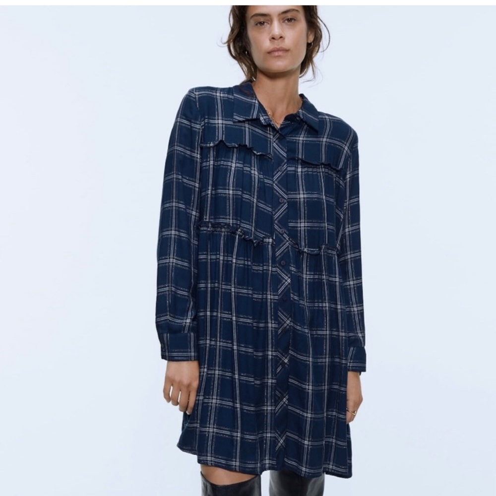 Zara Plaid Navy Shirt Dress